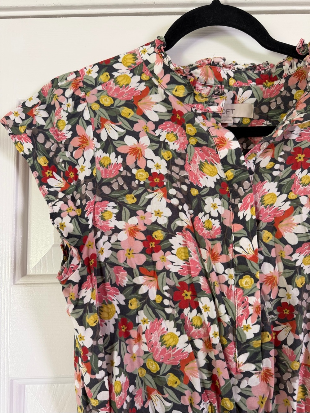 LOFT Floral Ruffle Drawstring Dress Pockets Women’s Medium Cottagecore Garden - Picture 2 of 8